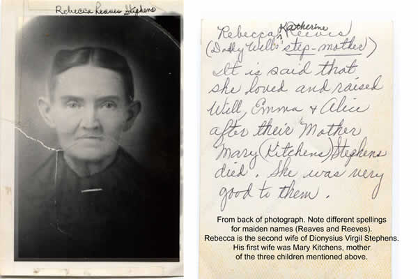 Picture: Rebecca Catherine Reaves Stephens, with handwritten notes from back of photo.
